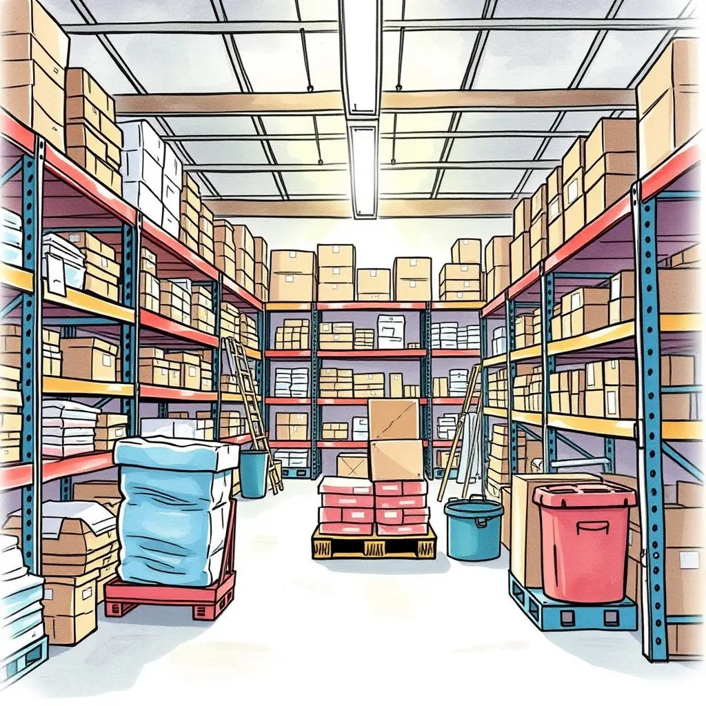 Location prioritizer: Recommend priority locations for counts 1 Storage area with shelves full of boxes and packaging materials in a warehouse setting.