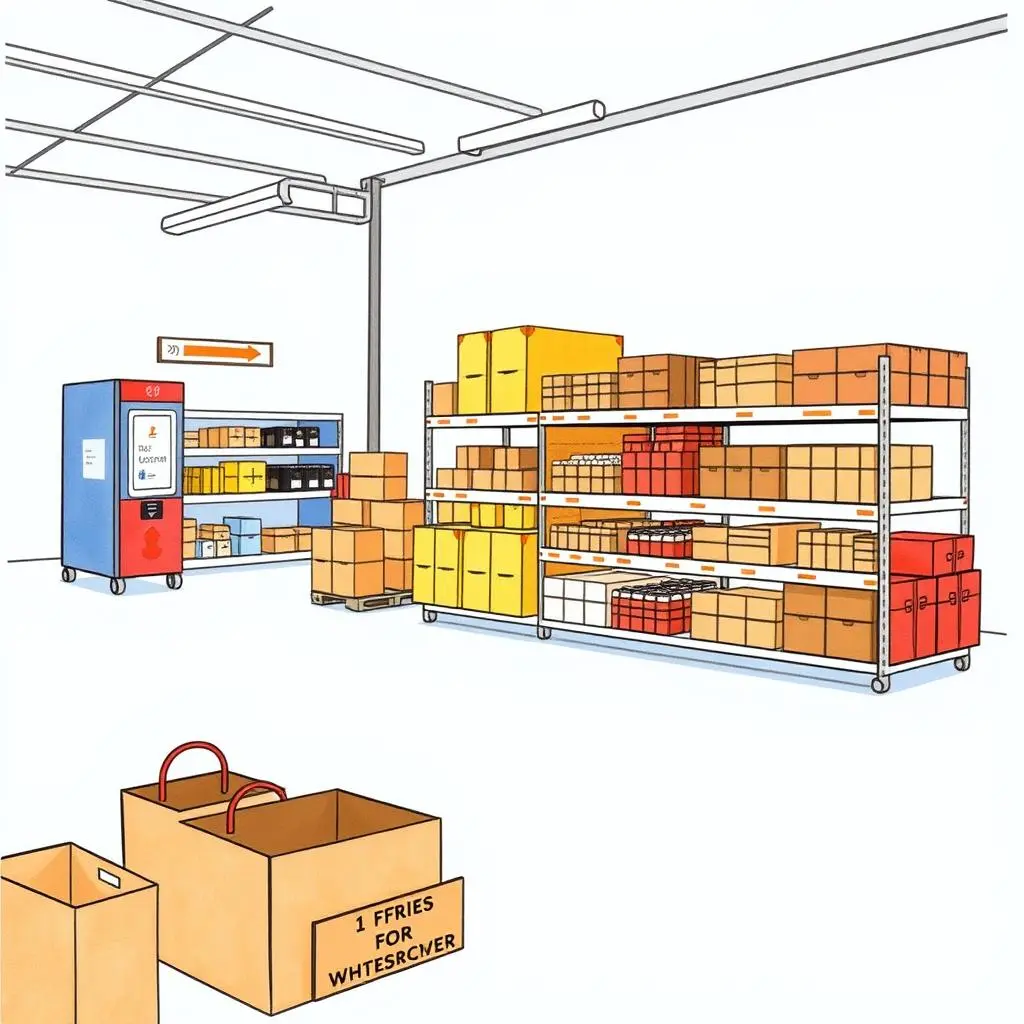 Optimal count locator: Find best locations for cycle counting 1 Assorted boxes and shelves in a warehouse for inventory management.