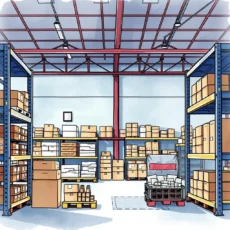 Illustration of a well-organized warehouse with labeled inventory shelves.