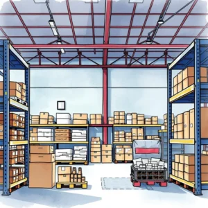 Illustration of a well-organized warehouse with labeled inventory shelves.