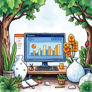 A vibrant workspace with a computer displaying data visualizations amidst greenery.