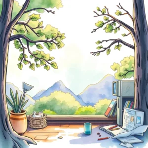 A serene workspace overlooking mountains with plants, books, and data tools scattered around.