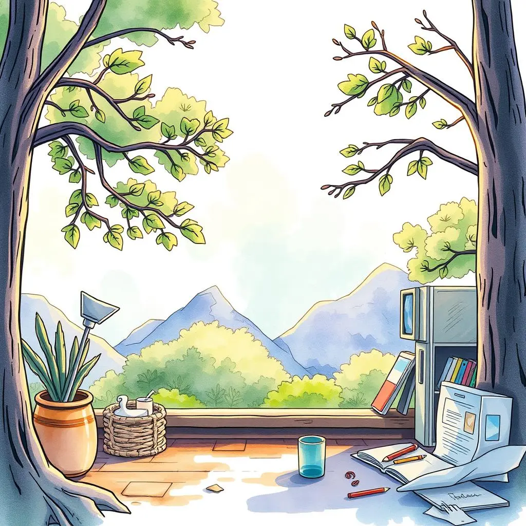 Data harmonizer: Align your data's format and style effortlessly 1 A serene workspace overlooking mountains with plants, books, and data tools scattered around.