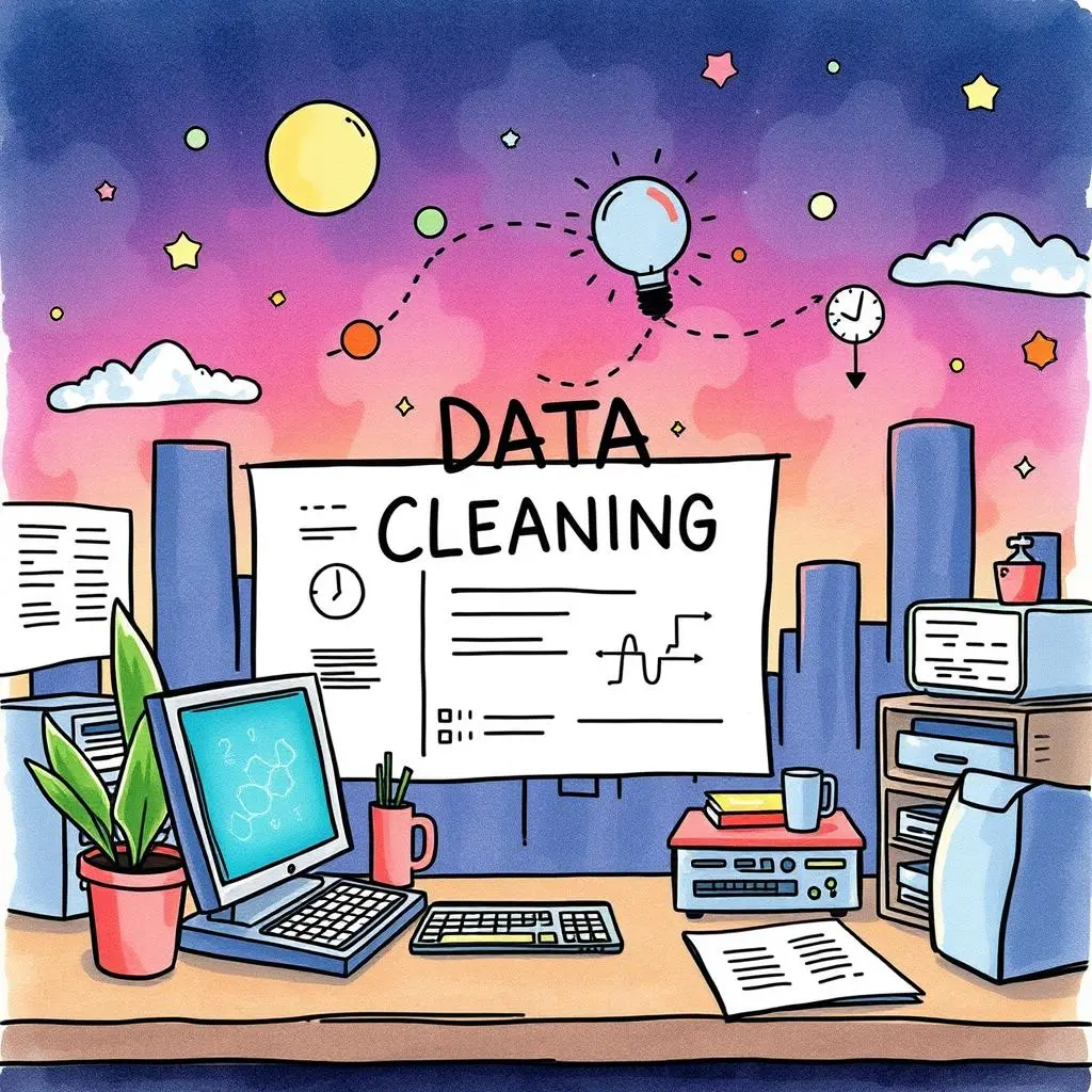 Data Cleaning workspace with a computer, plants, and a board outlining data structure essentials.