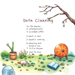 Data Cleaning illustrated with whimsical elements showcasing text inconsistencies and formatting issues