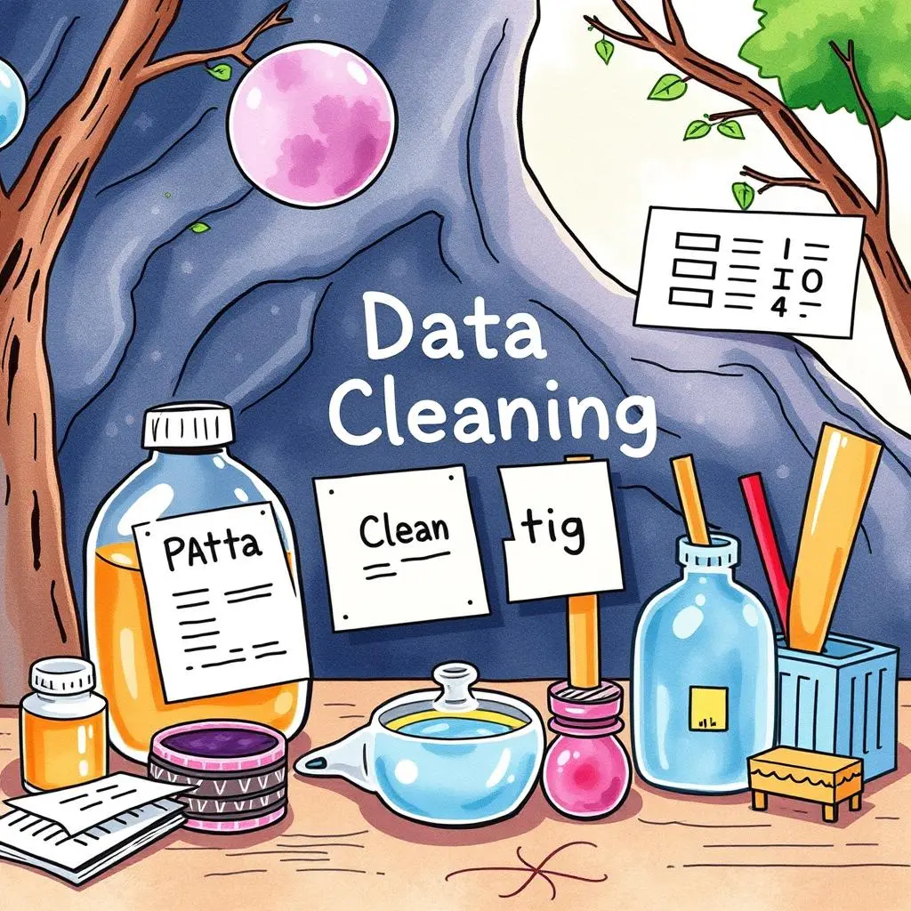 Text standardizer: Create uniform text formats for datasets 1 Colorful illustration depicting tools and elements related to data cleaning.