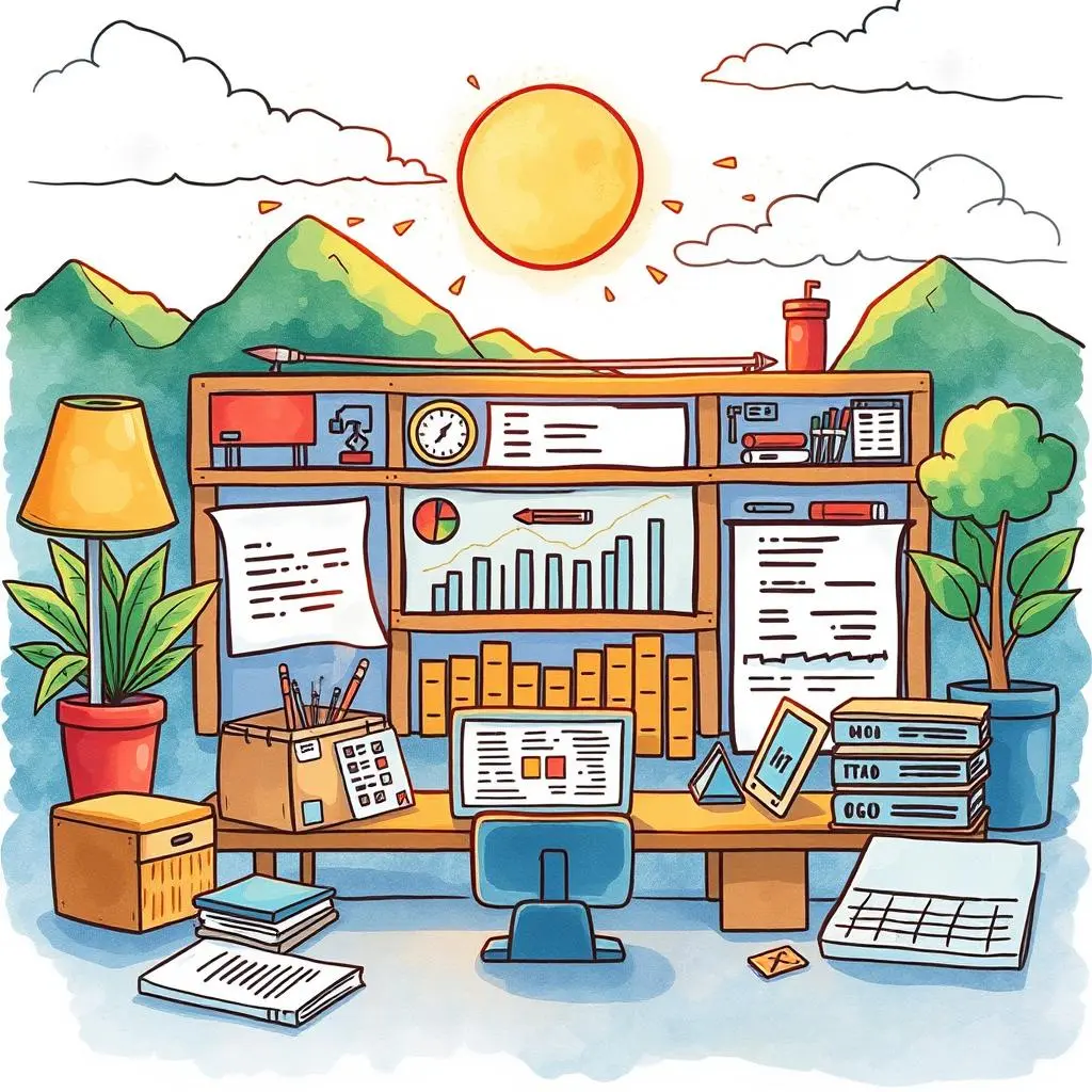 Data organization assistant: Streamline data for effective analysis 1 A colorful illustration of a desk setup with charts, plants, and stationery for data organization.