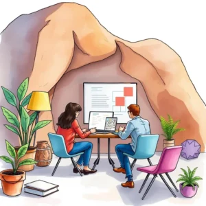 A couple collaborates on a digital project in a creative workspace with plants and decor.