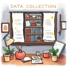 Cozy workspace illustrating data collection with books, plants, and tools.