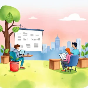 A team discusses data collection strategies outdoors with a presentation board in a cityscape backdrop.