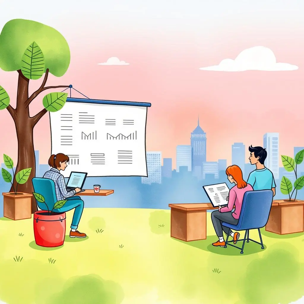 Recruitment message generator: Create engaging calls for participants 1 A team discusses data collection strategies outdoors with a presentation board in a cityscape backdrop.