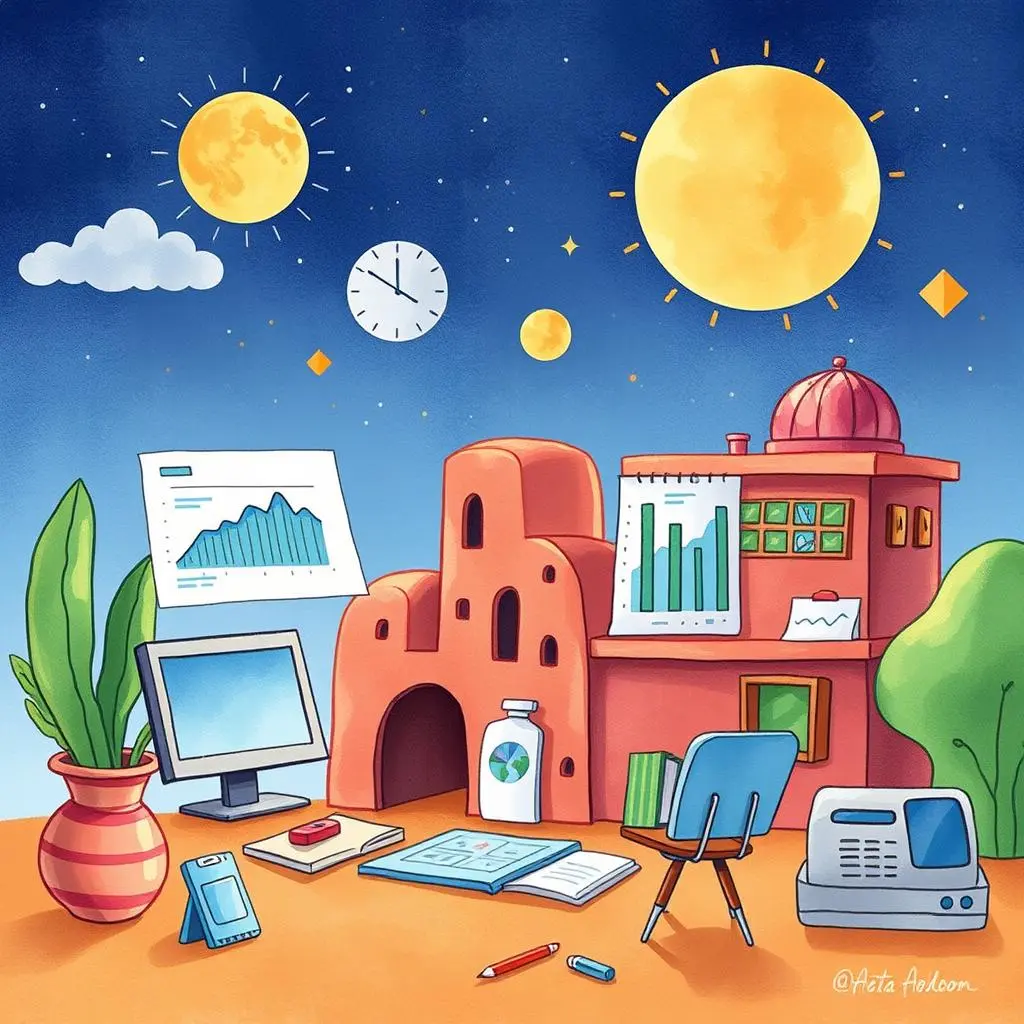 Source analysis assistant: Analyze and select relevant data sources 1 A vibrant workspace illustrating charts, tools, and a cozy environment for data analysis tasks.
