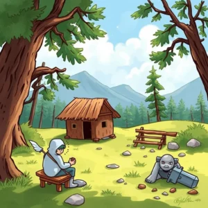 A character in a serene landscape contemplates while a robot lies nearby, suggesting exploration and discovery.