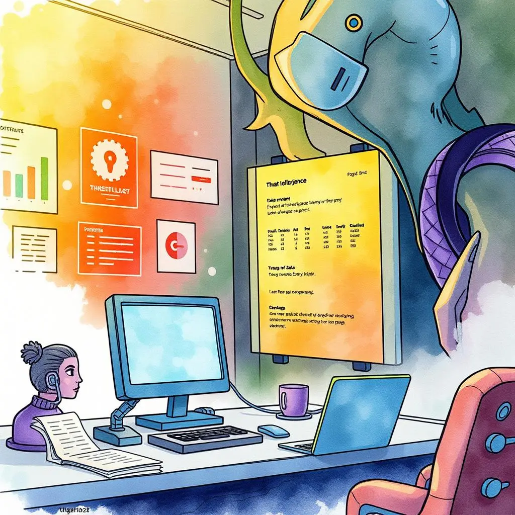 Threat insight expander: Expand threat data with meaningful context 1 A cybersecurity analyst engaging with threat data visualization tools at a workspace featuring digital displays.