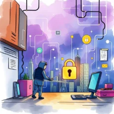 Person securing data in a digital city landscape, illustrating data encryption concepts.