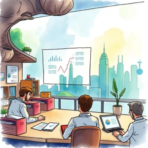 Insight Summarizer tool being used by analysts in a modern office setting with city skyline view