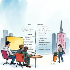 A team collaborates on a swot analysis in a modern office.