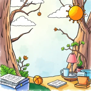 A serene illustration of a study space surrounded by nature, featuring books and decorative items.