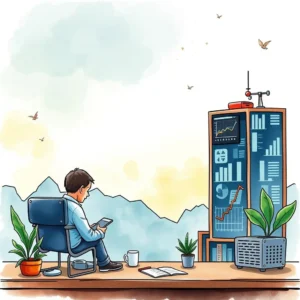 A person sitting in a chair, analyzing data with a smartphone, overlooking a city skyline with analytical visuals.
