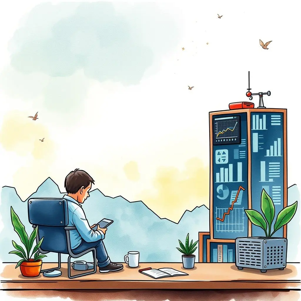 Correlation data sifter: Extract key correlations from data inputs 1 A person sitting in a chair, analyzing data with a smartphone, overlooking a city skyline with analytical visuals.