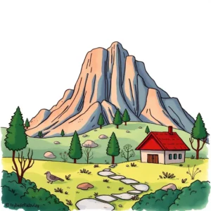 A serene landscape featuring a mountain, trees, a house, and a path in a natural setting.