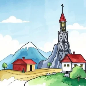 Data mapping assistant: Facilitate mapping between different data sources 10 Illustration of a stylized landscape featuring a tower, houses, and mountains.