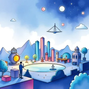 Data schema generator: Create schemas for data integration processes 3 A colorful illustration depicting a data schema generator concept in a futuristic landscape.