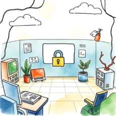 A secure office space featuring essential tools for regulatory compliance with a lock symbol.