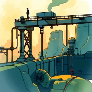 A person standing on an industrial structure overlooking a data pipeline in a stylized landscape