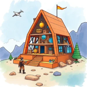 A character standing in front of a stylish, modern cabin surrounded by mountains and trees.