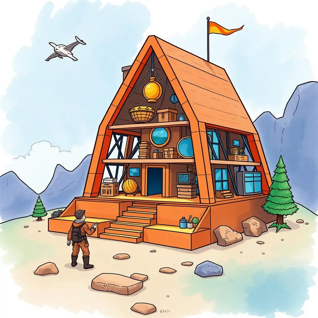 Resource allocation optimizer: Optimize resource allocation for deployment 1 A character standing in front of a stylish, modern cabin surrounded by mountains and trees.