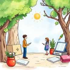 Two professionals discussing consent management in a nature-inspired setting.
