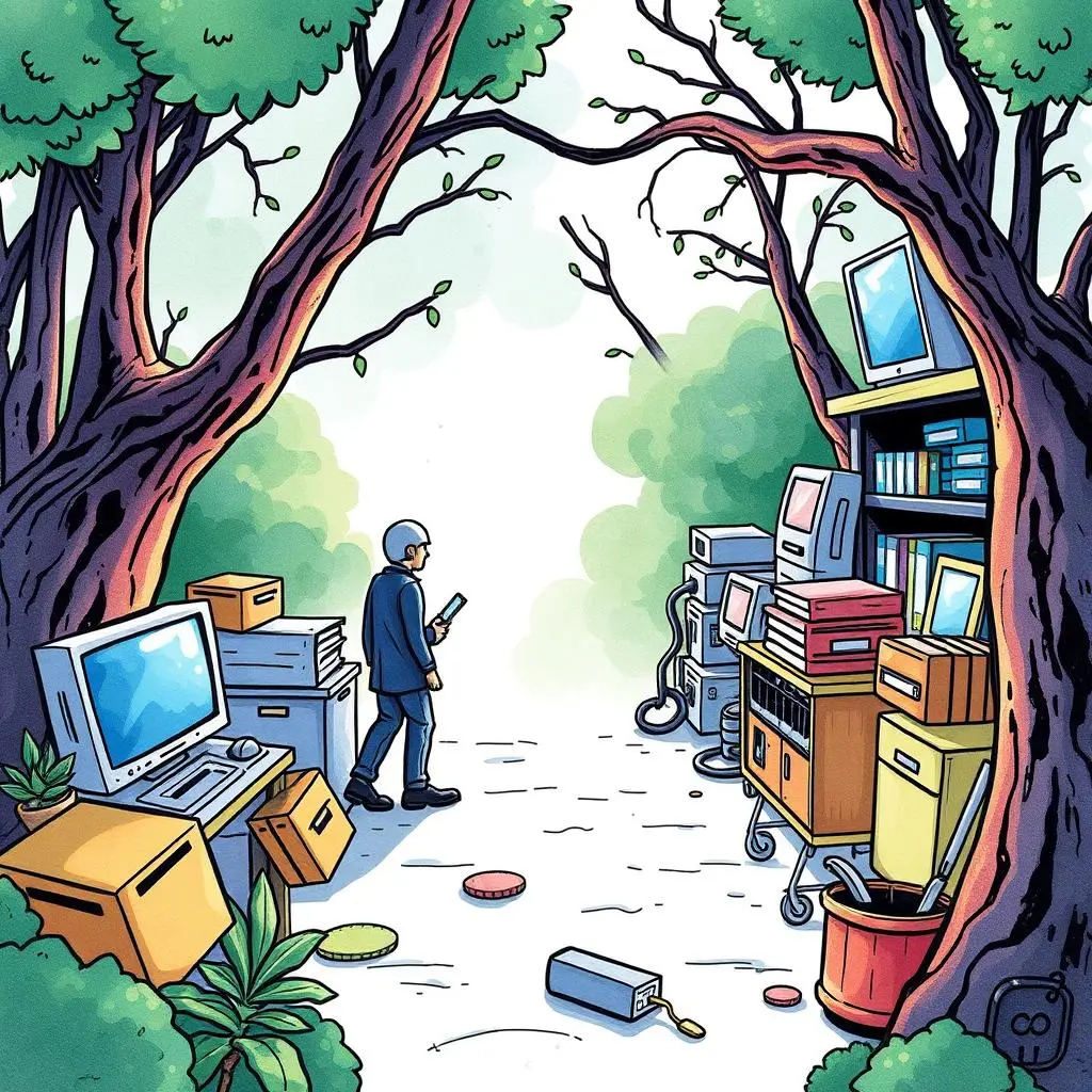 Data inventory organizer: Catalog and manage your data assets 1 Data Inventory Organizer navigating a forest path between stored data assets and equipment