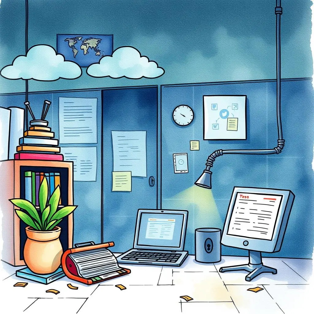A vibrant office scene illustrating data analysis and compliance tools.