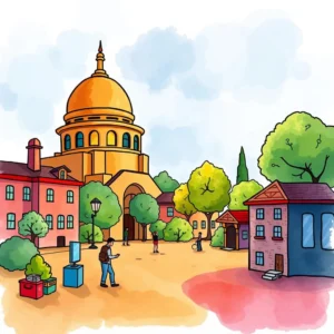 A colorful illustration depicting a lively town square with diverse characters and buildings in a sunny setting.
