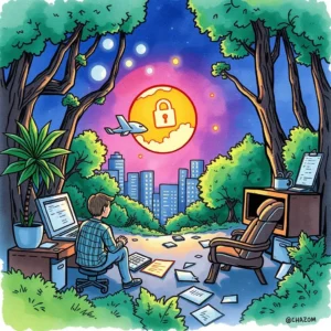 A person analyzing documents in a serene, nature-inspired environment.