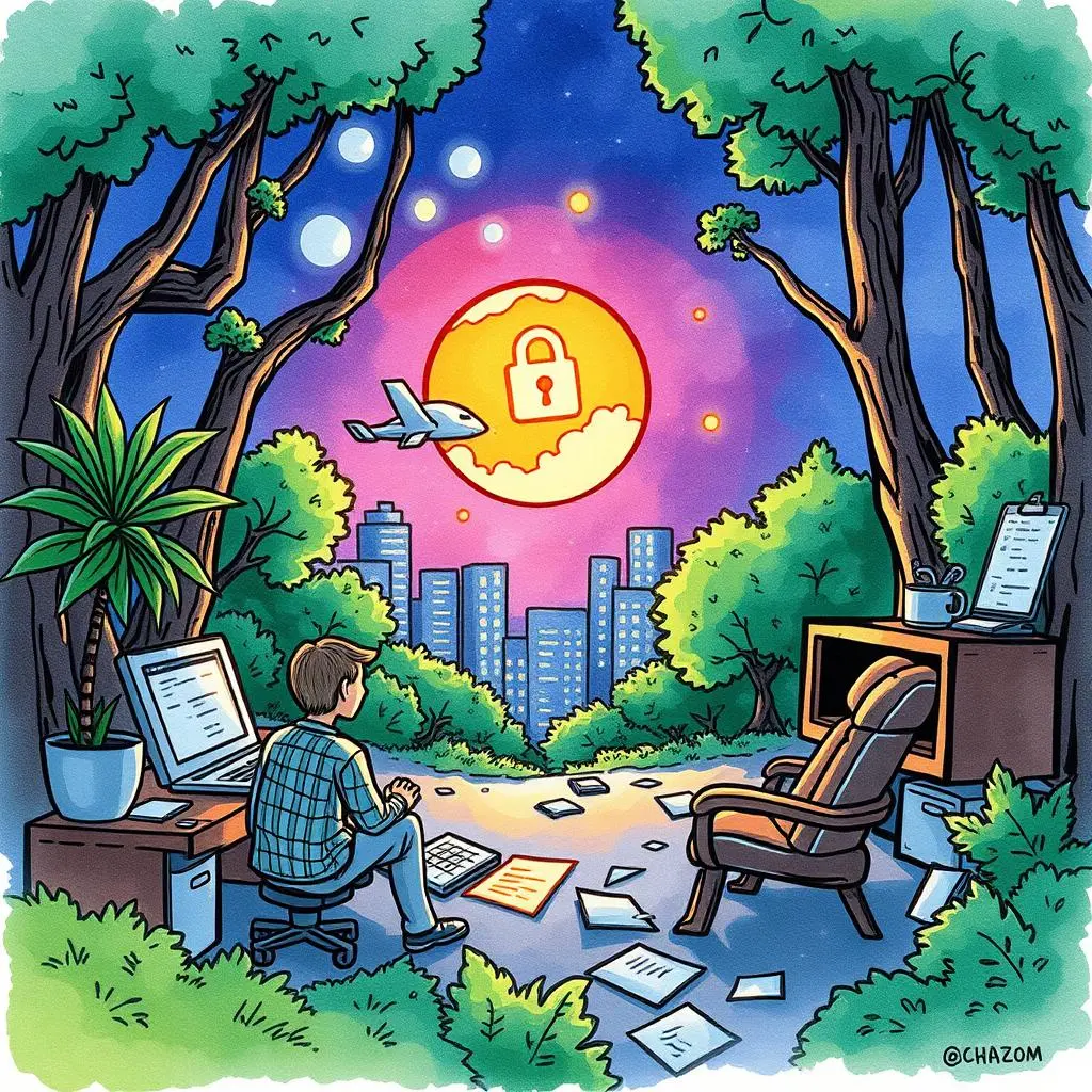 Privacy agreement analyzer: Evaluate privacy terms for clarity 1 A person analyzing documents in a serene, nature-inspired environment.