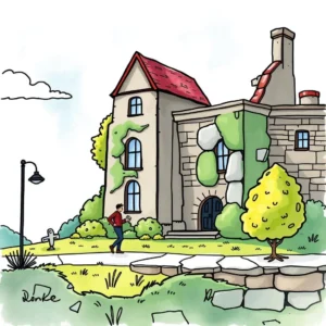 A person walks towards a charming, ivy-covered building in a serene outdoor setting.
