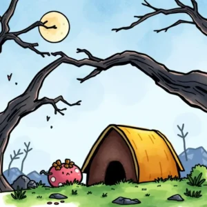 Whimsical landscape featuring a creature next to a cozy tent.