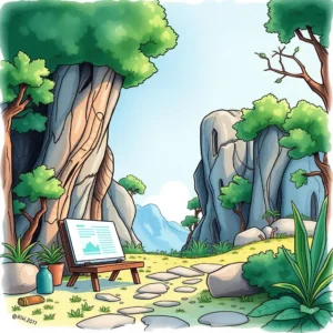 A digital tablet displaying data metrics set in a serene nature scene with rocky formations and greenery
