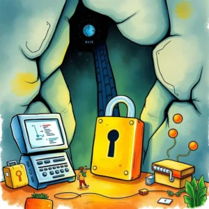 A character navigating a cave with a large padlock and computer representing encryption tools.