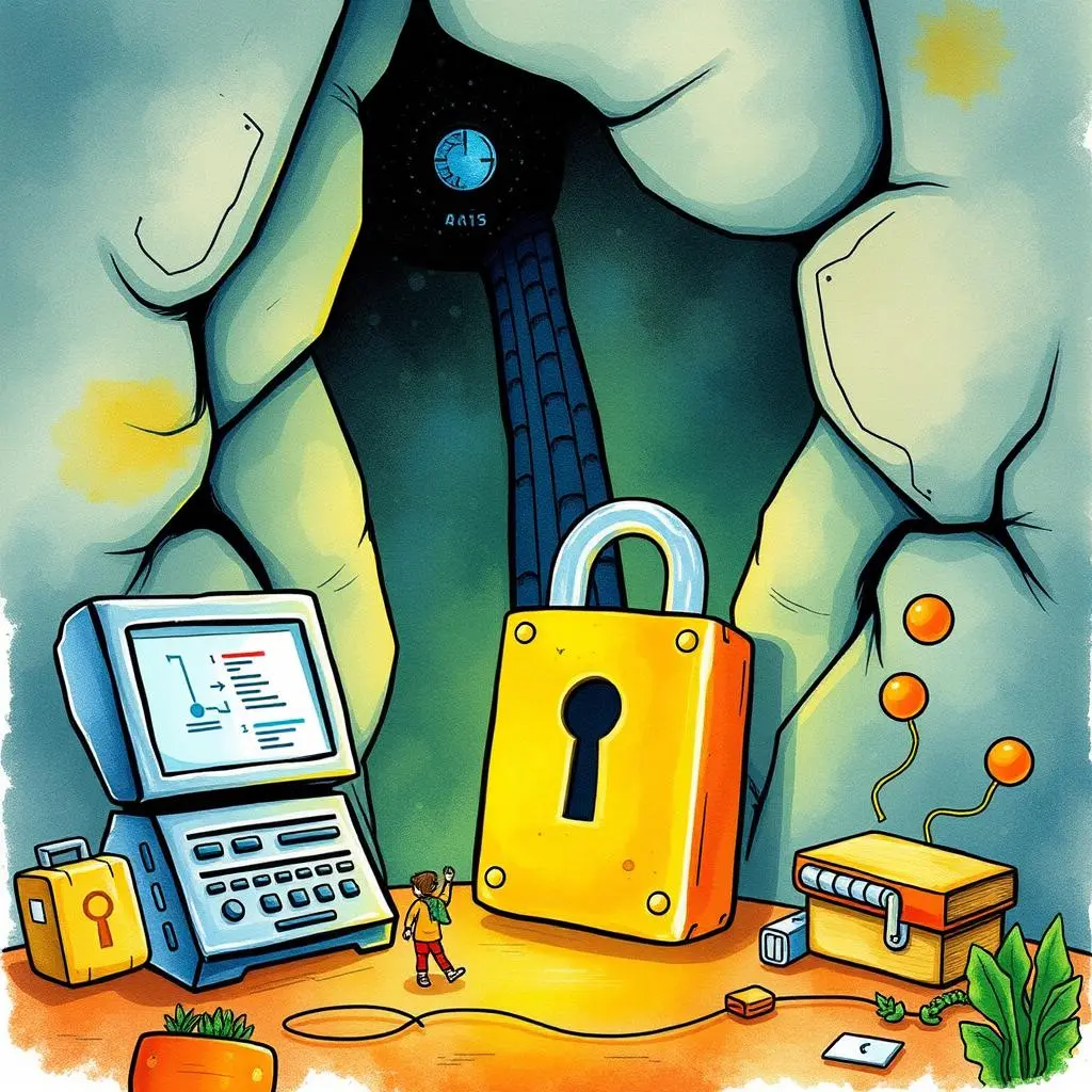 Encrypt-it: Fast text-based encryption solutions 1 A person exploring a cave with a large padlock and encryption tools.