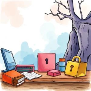 A collection of colorful locks and books on a wooden table, symbolizing data security and encryption tools.