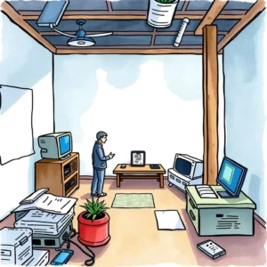 A professional in an office setting reviews documents and IT equipment for access control measures