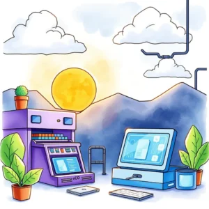 Colorful illustration of a computer and encryption device in a bright landscape, symbolizing data security.