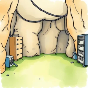 A storage room with servers and equipment, illustrating data storage for provisioning tasks.