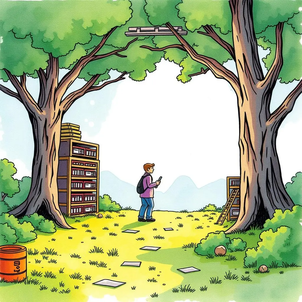 Storage efficiency advisor: Recommend optimal data storage solutions 1 A person stands in a lush outdoor setting with storage solutions, contemplating data organization.