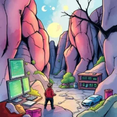 A data transformation engineer analyzes data flow in a scenic valley.