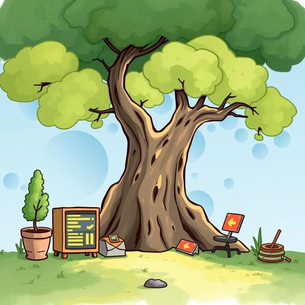 Data lineage composer: Document data lineage effortlessly 1 Tree surrounded by tools for data lineage and documentation.