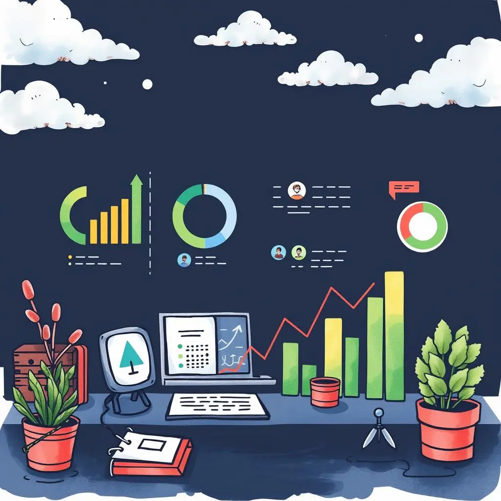 Feedback analysis summary tool: Generate summaries from user feedback sources 1 A colorful illustration of a workspace depicting data analysis tools and visualizations related to feedback.